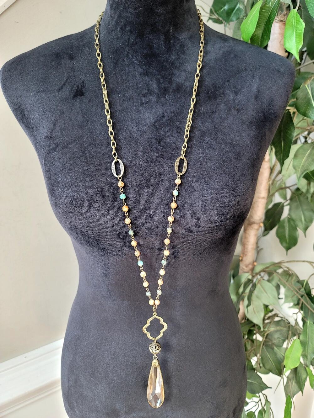 Gold Tone Long Beaded Teardrop Pendant Necklace Quatrefoil Statement Jewelry